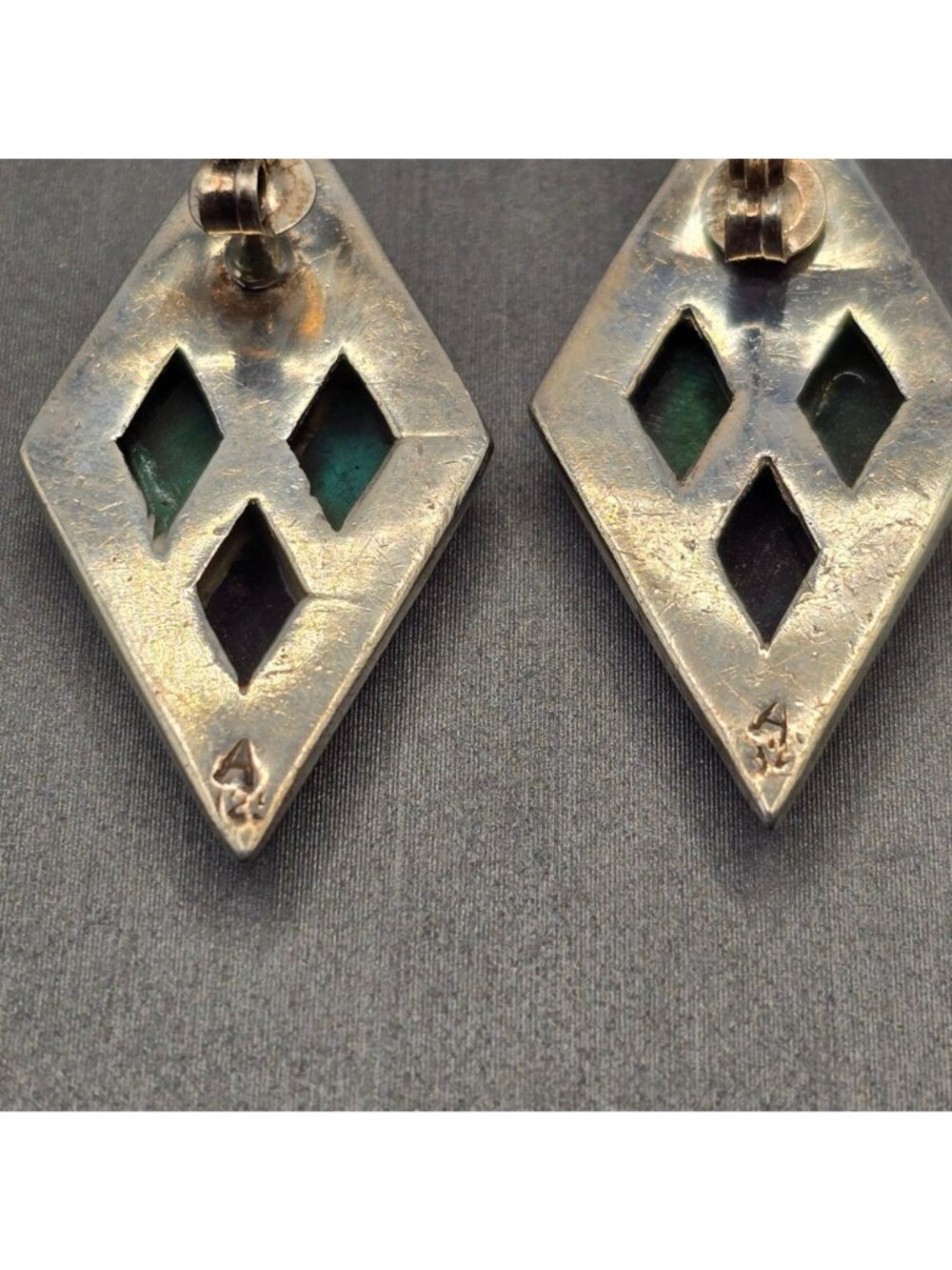 Sterling Silver Malachite Onyx Inlay Earrings Marcasite Border Artisan Signed A - Picture 7 of 12